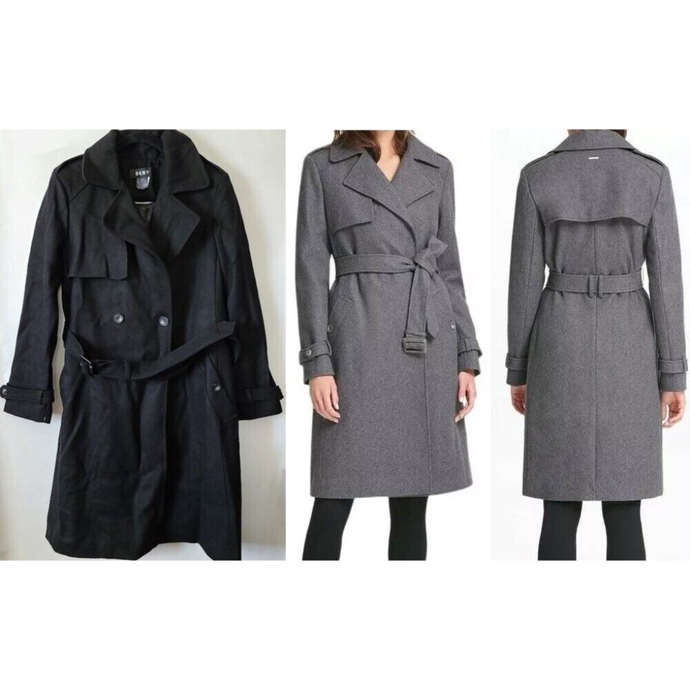 DKNY Double Breasted Trench Coat Wool Blend Size 14 Black Belted Waist NEW